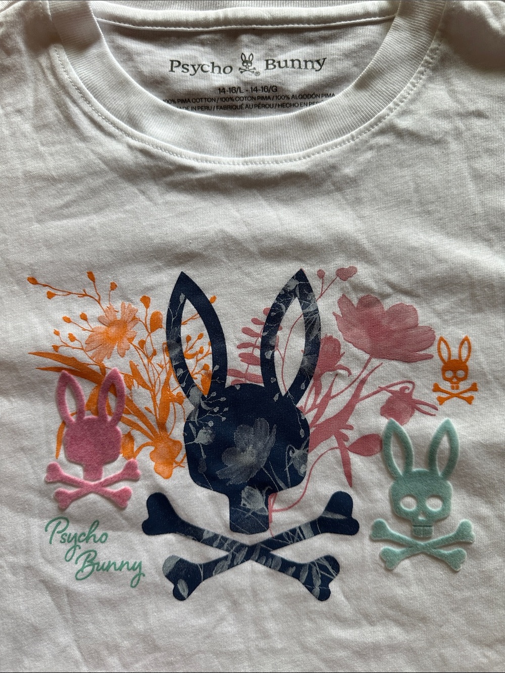Psycho Bunny White Tee with Multicolor Bunny Skull Print